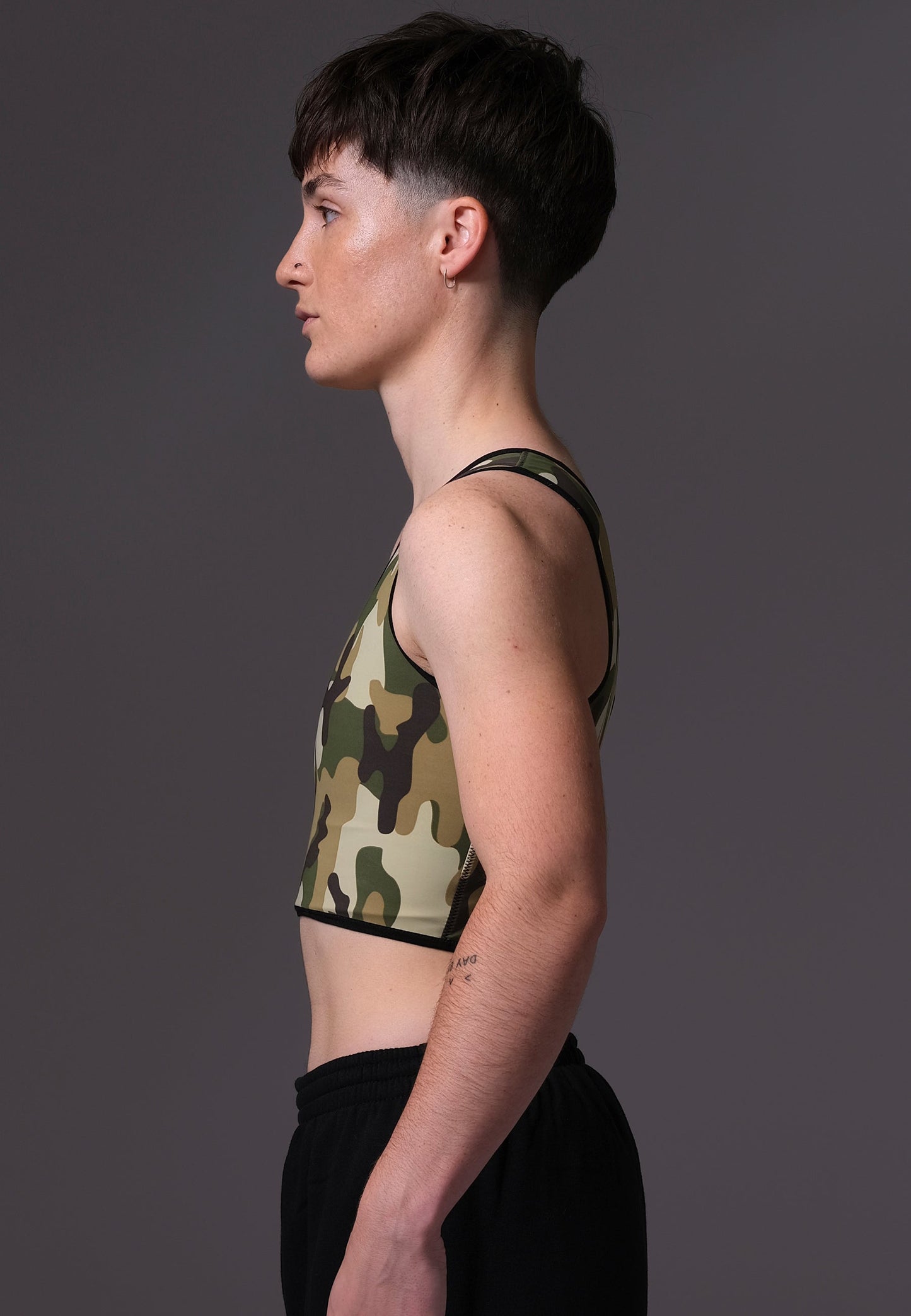 UNTAG trans ftm non binary chest binder camouflage short binder print top model side 2