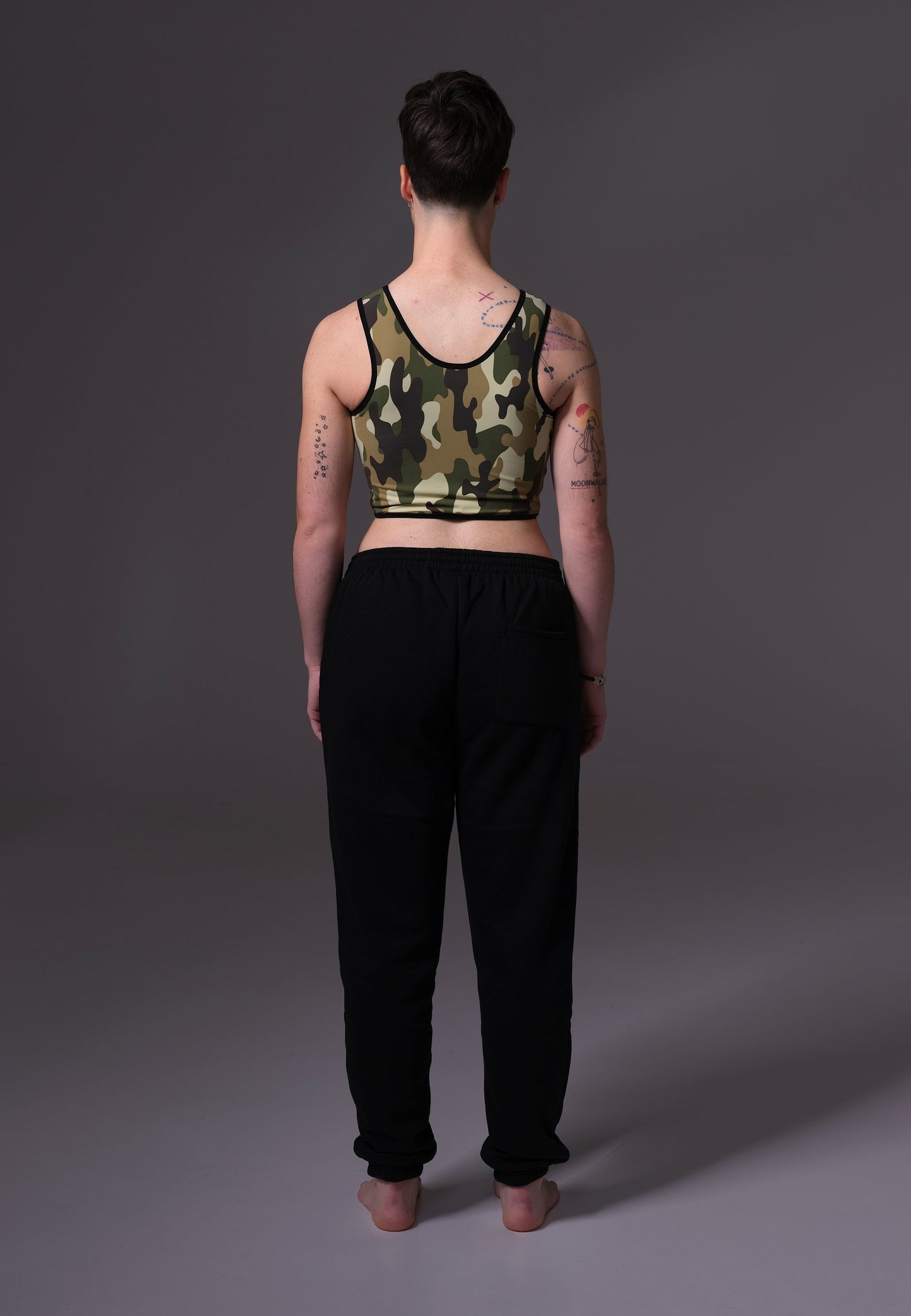 UNTAG trans ftm non binary chest binder camouflage short binder print top model back 2