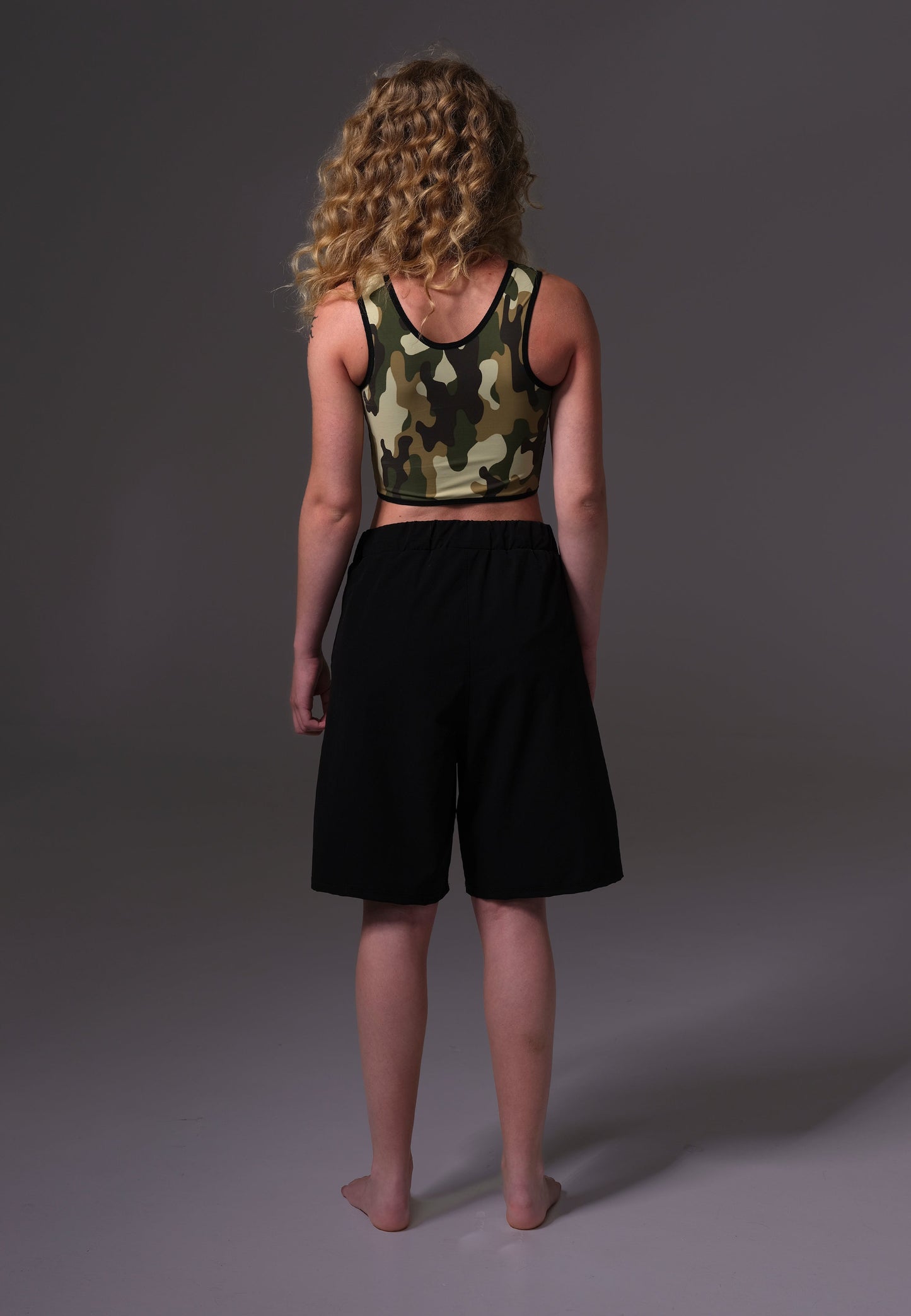 UNTAG trans ftm non binary chest binder camouflage short binder print top model back