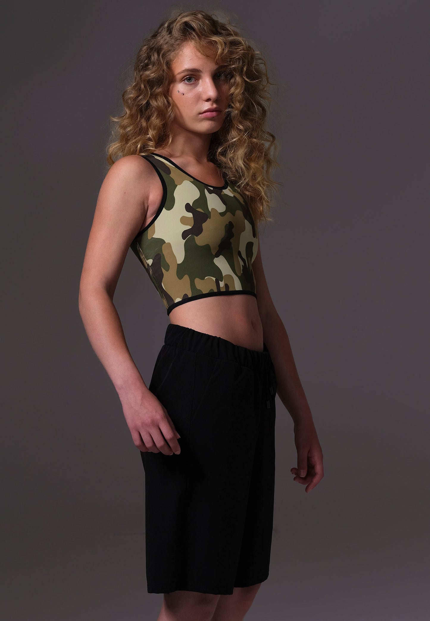 UNTAG trans ftm non binary chest binder camouflage short binder print top model side