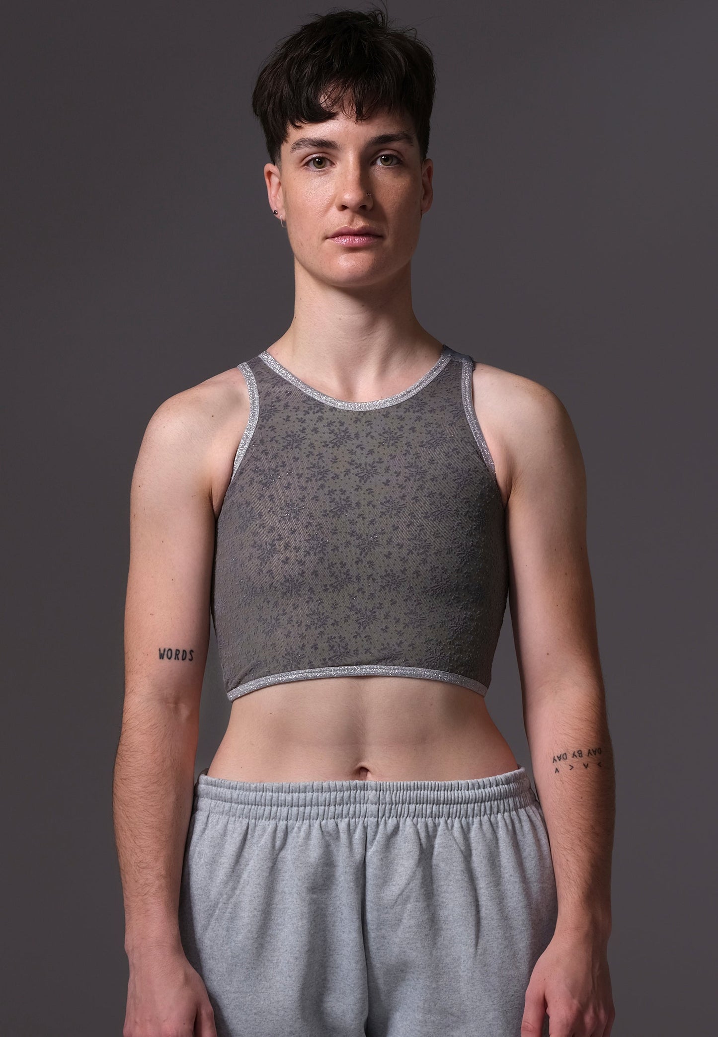 UNTAG FtM chest binder silver lace trans underwear model picture front