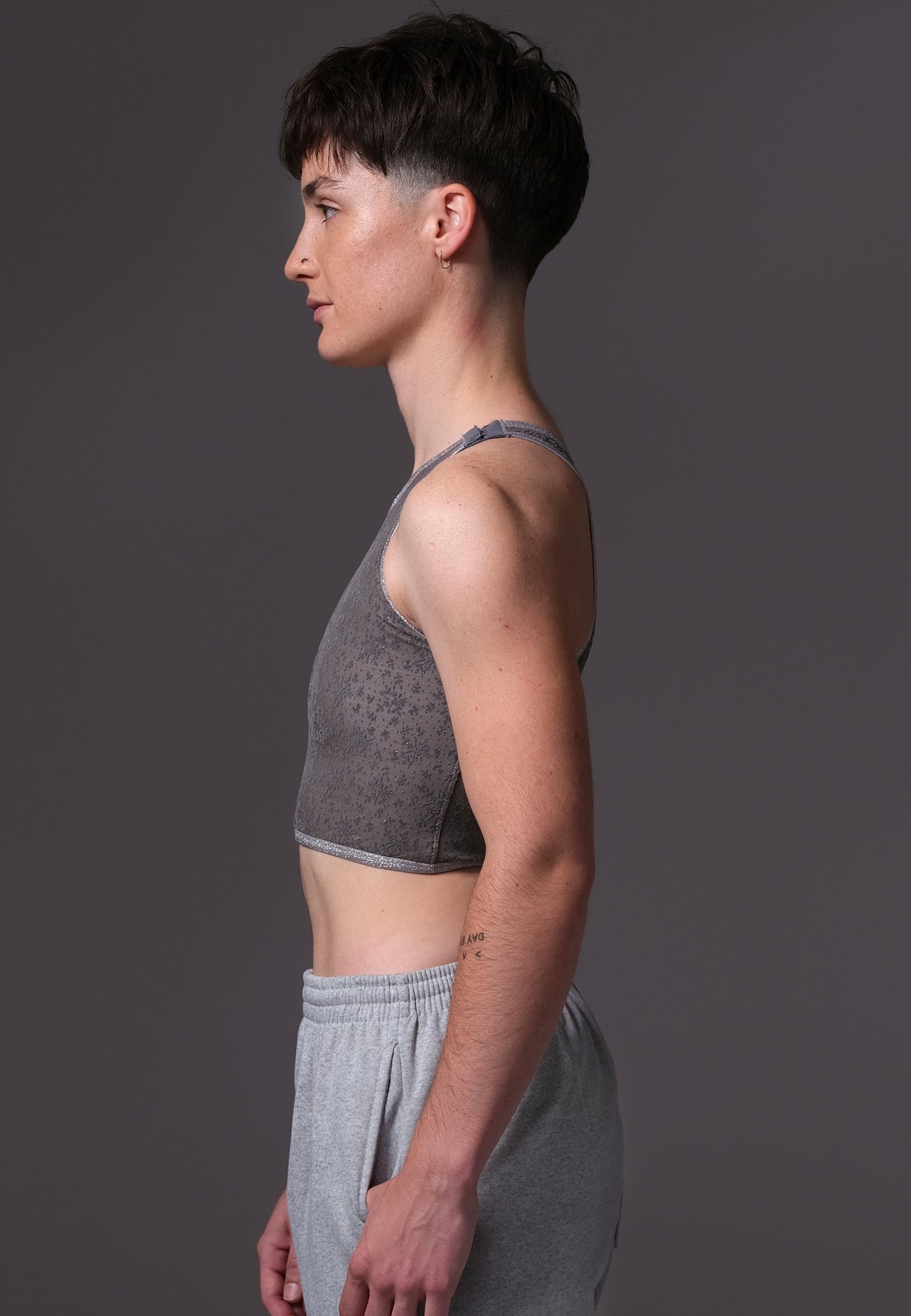 UNTAG FtM chest binder silver lace trans underwear model picture side