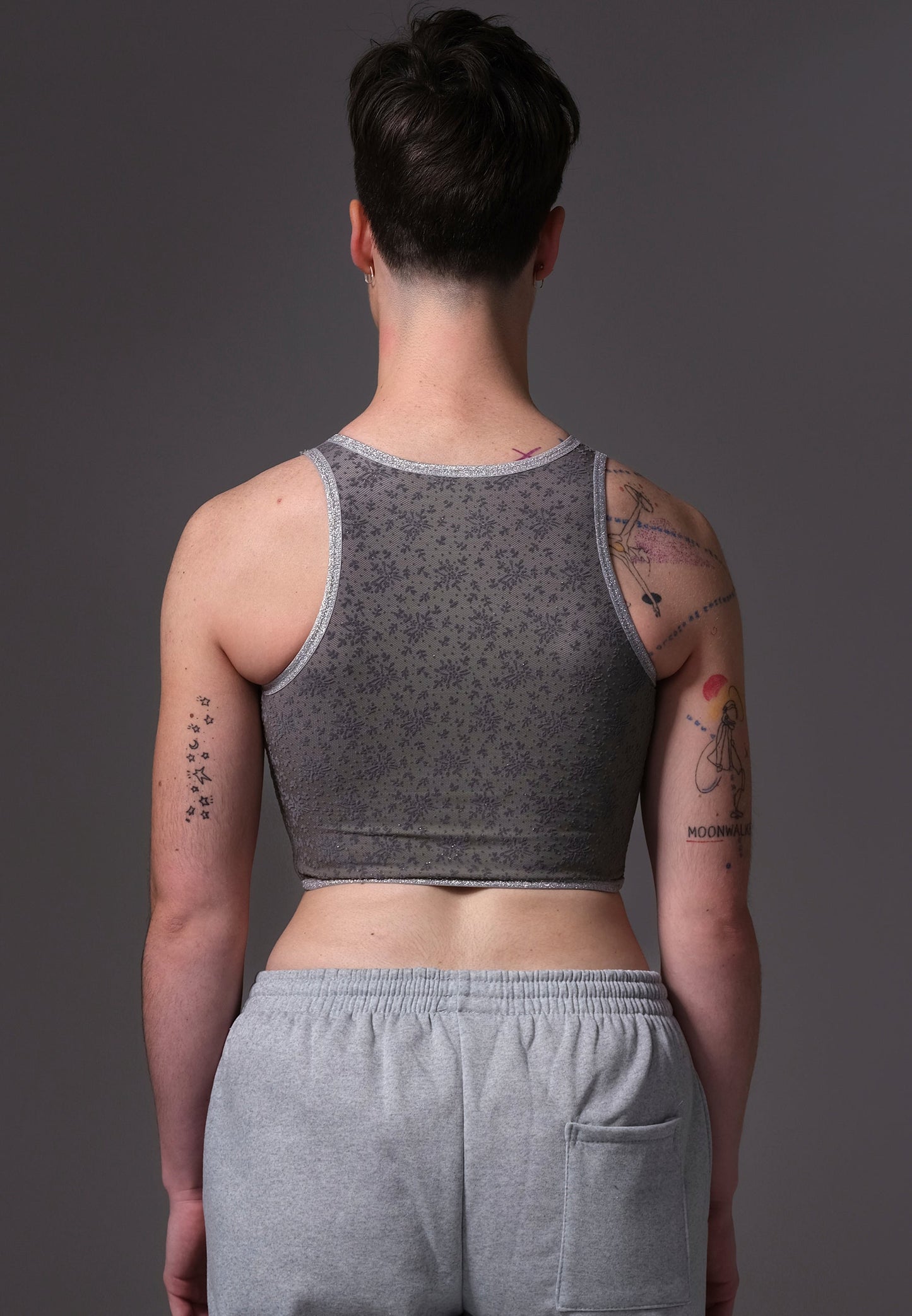UNTAG FtM chest binder silver lace trans underwear model picture back