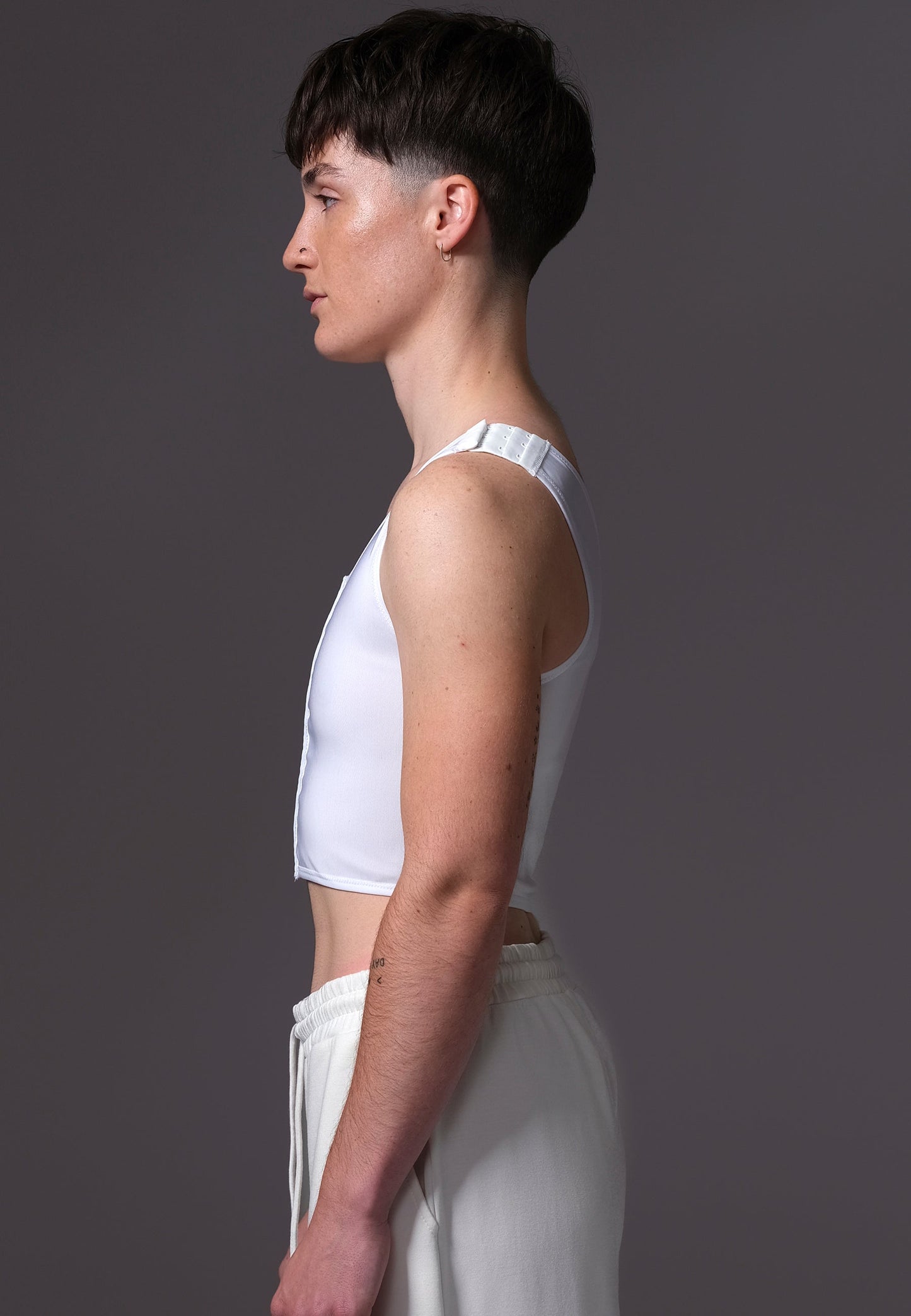 UNTAG FtM trans chest binder top Medical Binder white model side