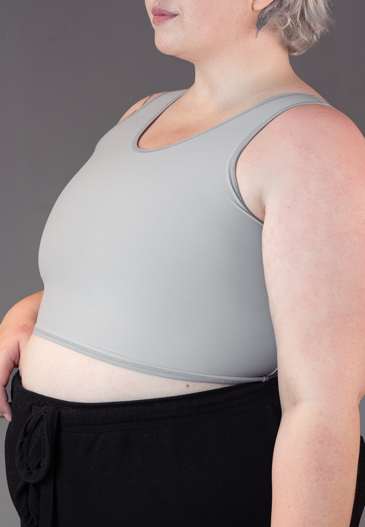 UNTAG short chest binder grey FTM trans masc non binary close up 