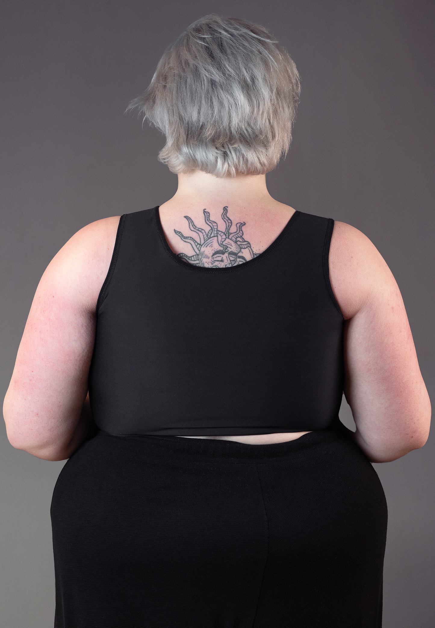 UNTAG FtM Trans masc non binary chest short binder extra strong black back