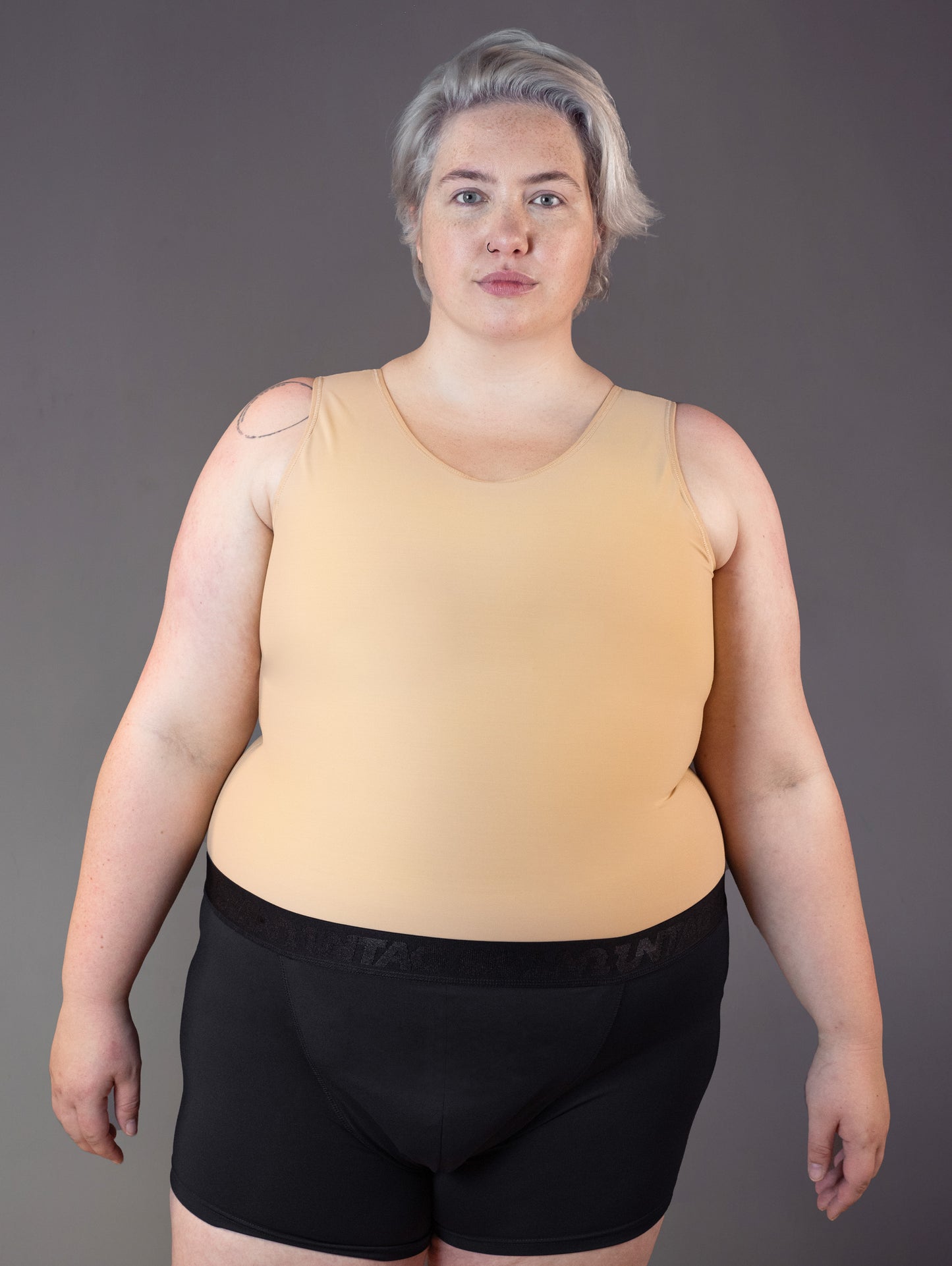 UNTAG FtM Shirt chest Binder long caramel skin tone trans masc non binary enby top front