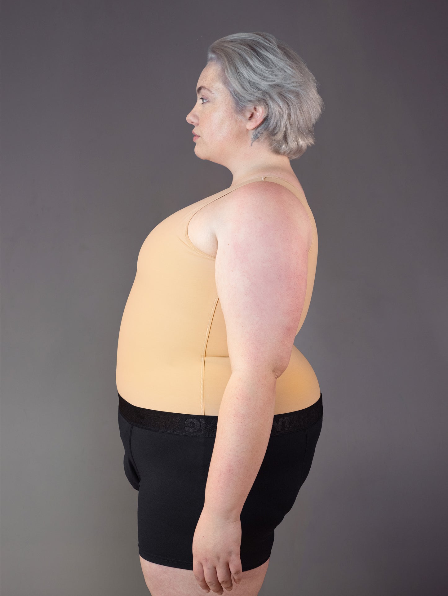 UNTAG FtM Shirt chest Binder long caramel skin tone trans masc non binary enby top side 