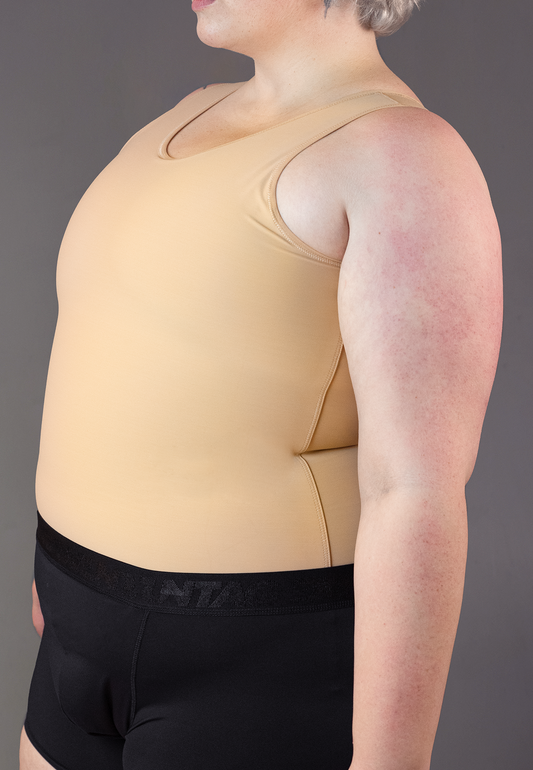 UNTAG FtM Shirt chest Binder long caramel skin tone trans masc non binary enby top close up 