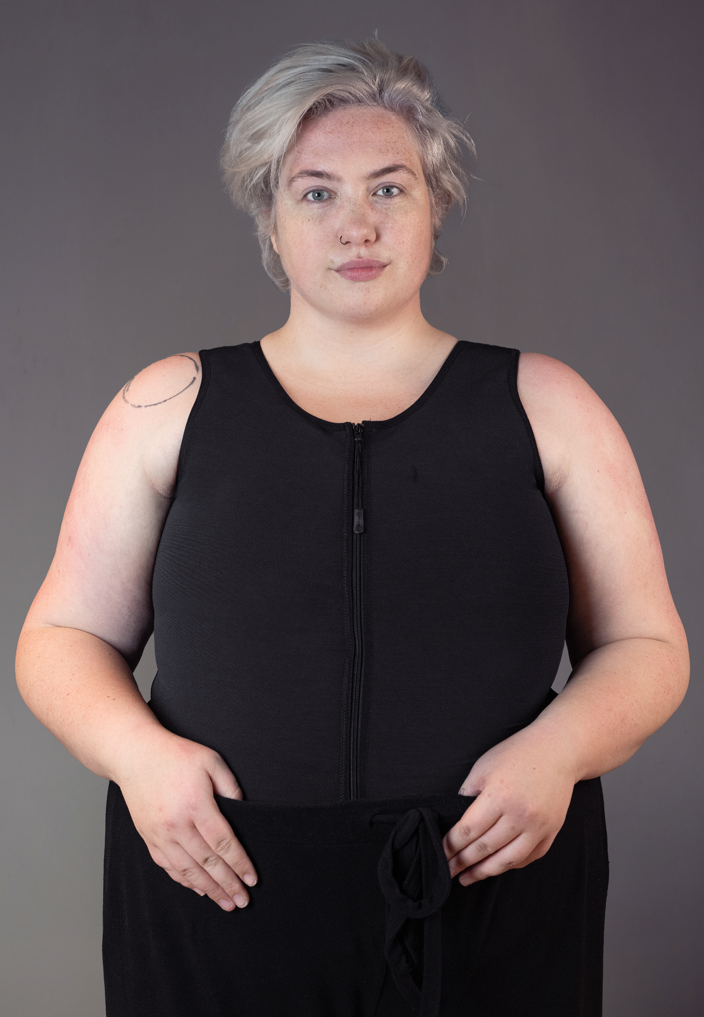 UNTAG FTM trans masc non binary chest long binder singlet with zipper black front