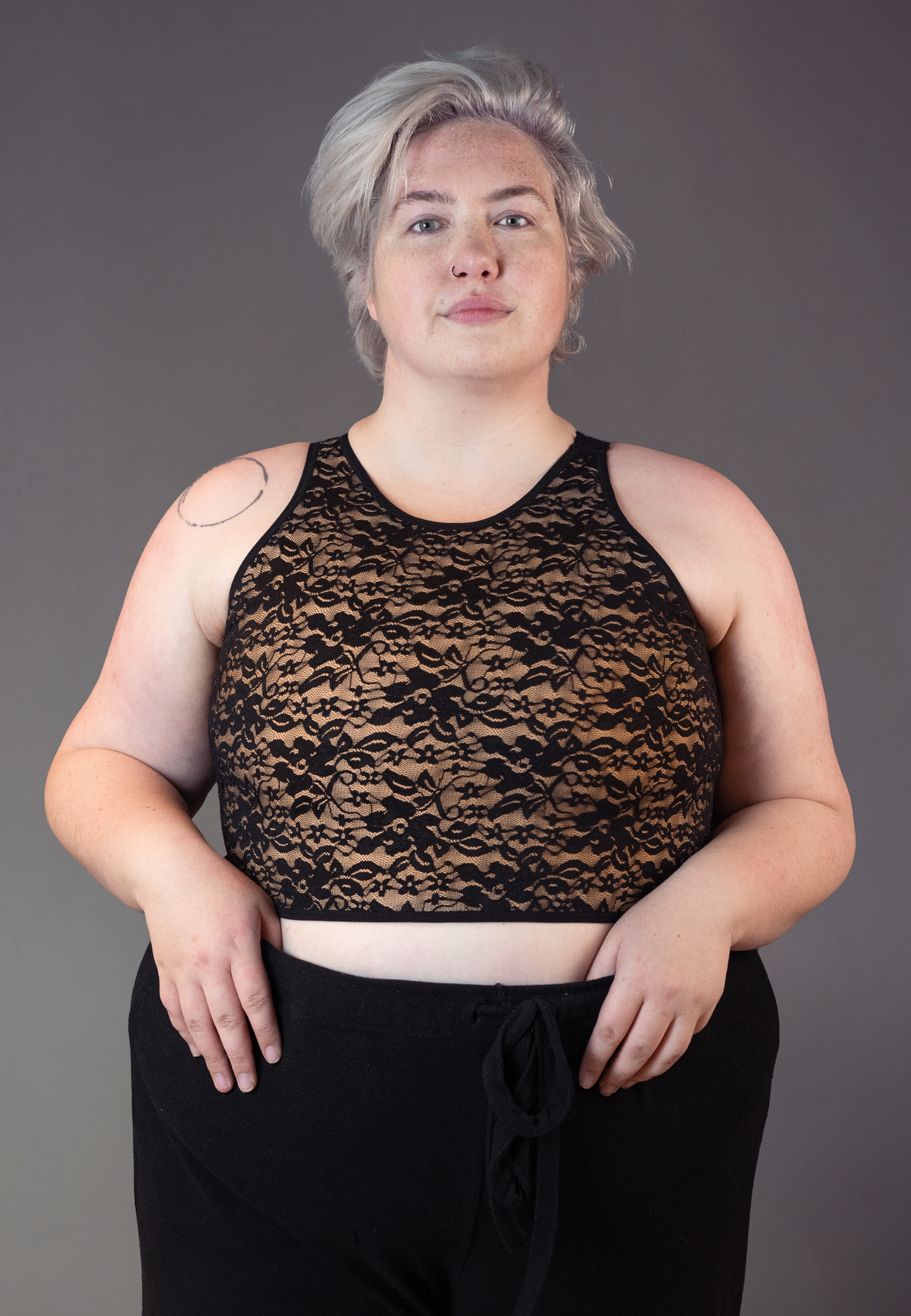 UNTAG short chest binder lace caramel black FTM trans masc non binary front