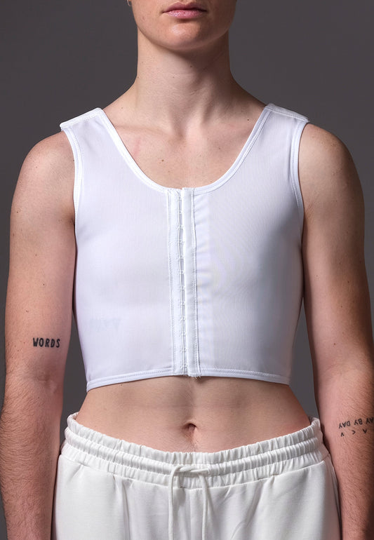 UNTAG FtM trans chest binder top Medical Binder white model front zoom