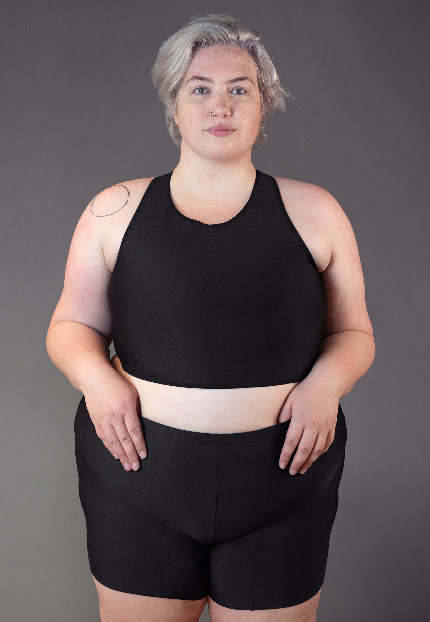 UNTAG Tank Swim chest binder black FTM trans masc non binary swimtop front