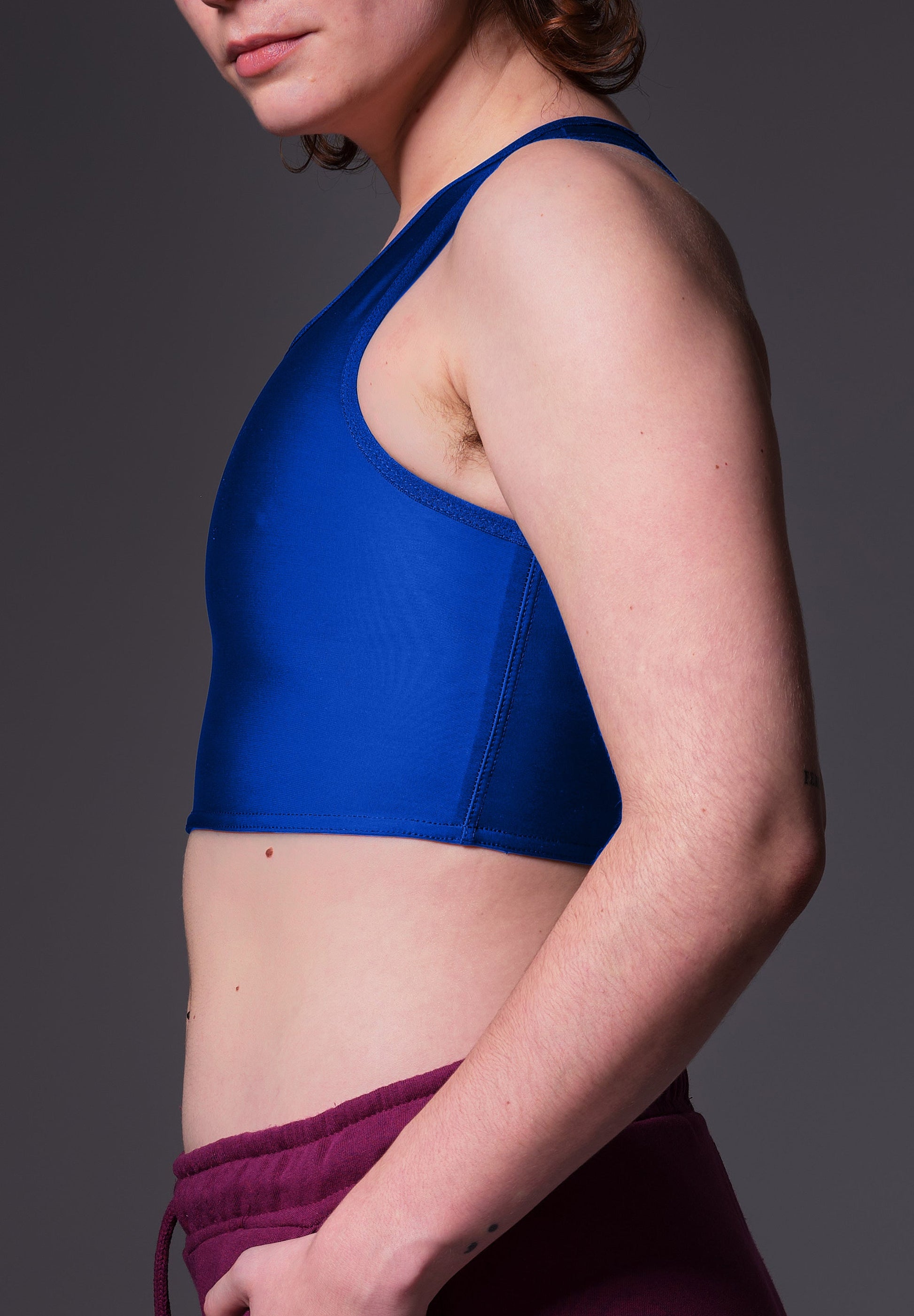 UNTAG FtM trans masc non binary swim cobalt blue chest binder tank top model front zoom