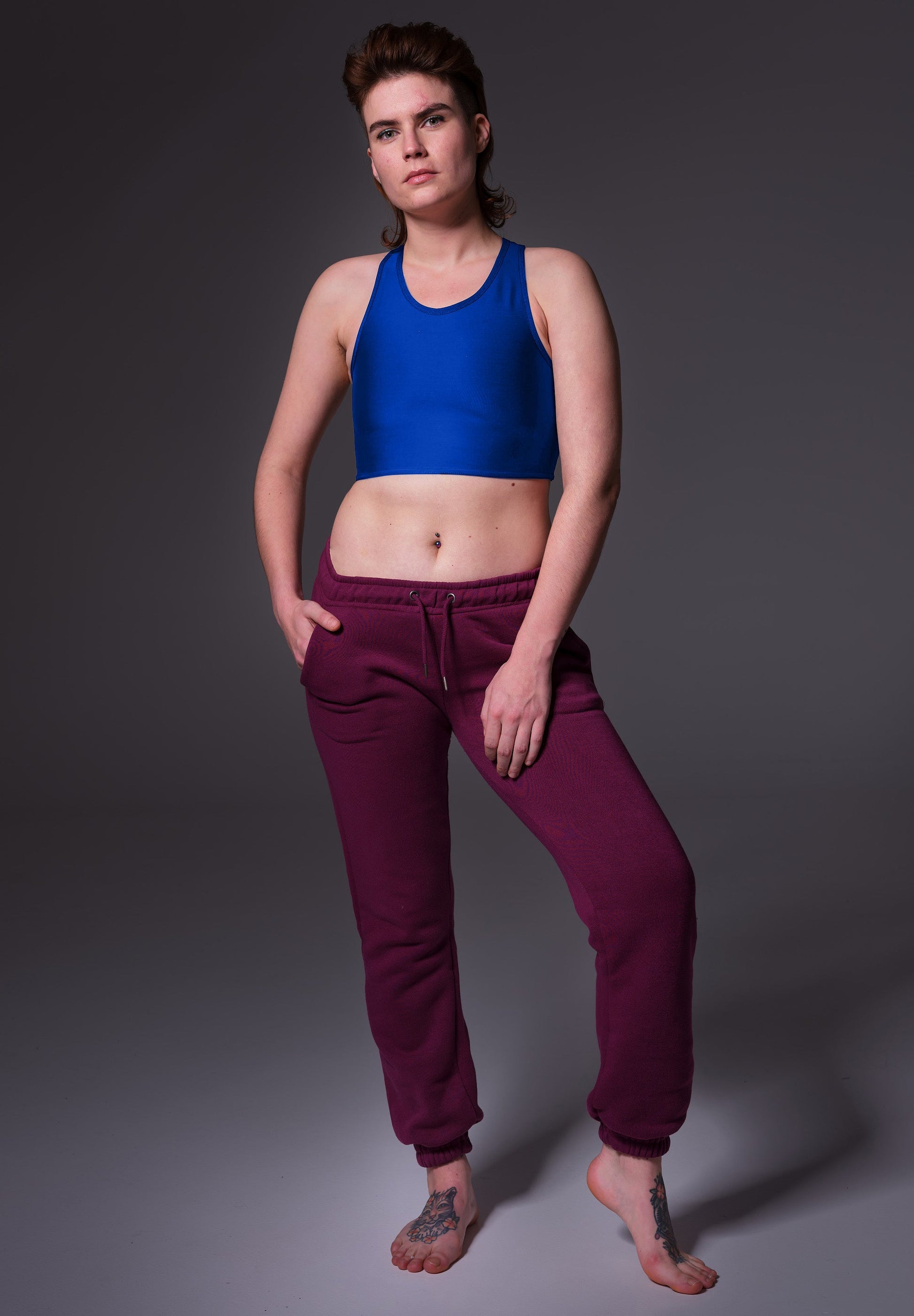 UNTAG FtM trans masc non binary swim cobalt blue chest binder tank top model front 