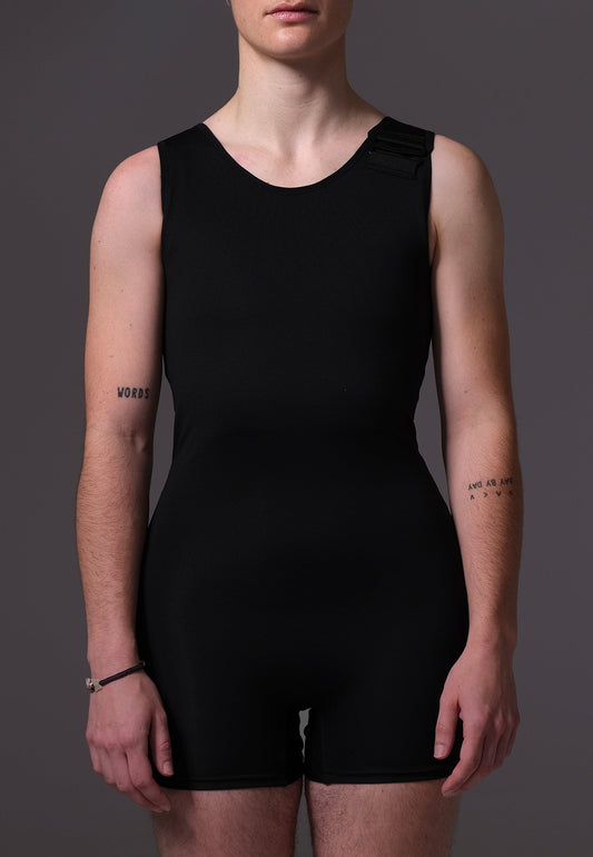 Swim Chest Binder Swimsuit with hook closure black FtM masculine trans swimwear - UNTAG - model front