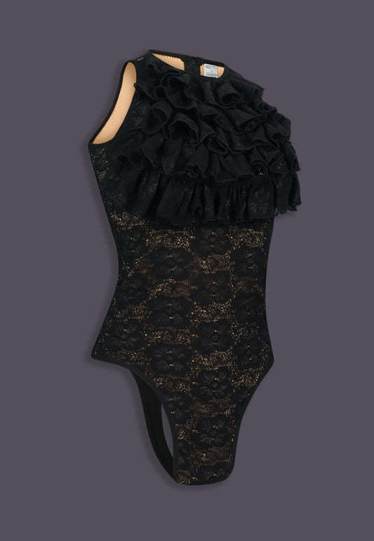String Body Lace black with lace ruffles, side view