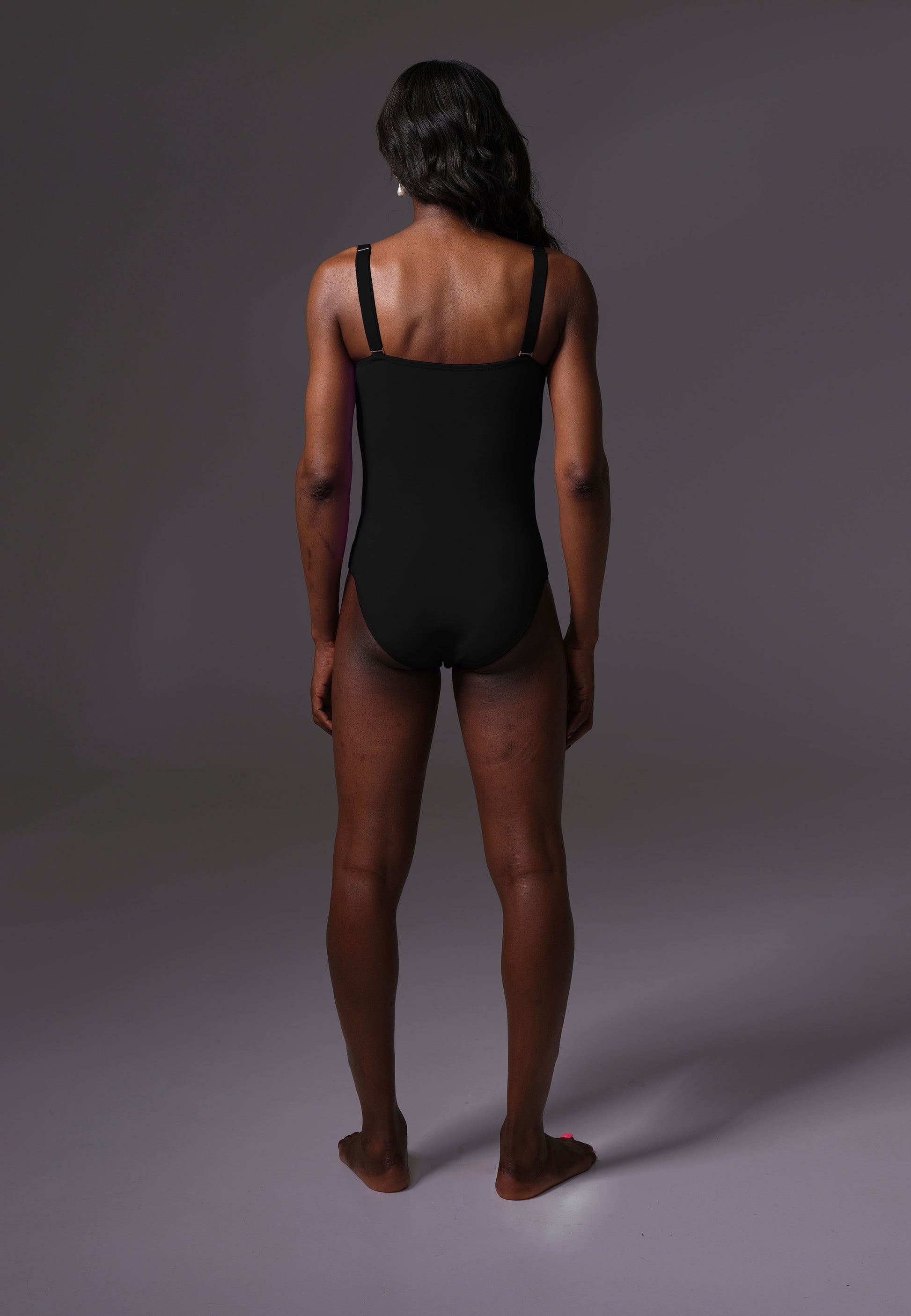 UNTAG MtF trans femme Strappy One Piece black prosthetic boobs  back front model