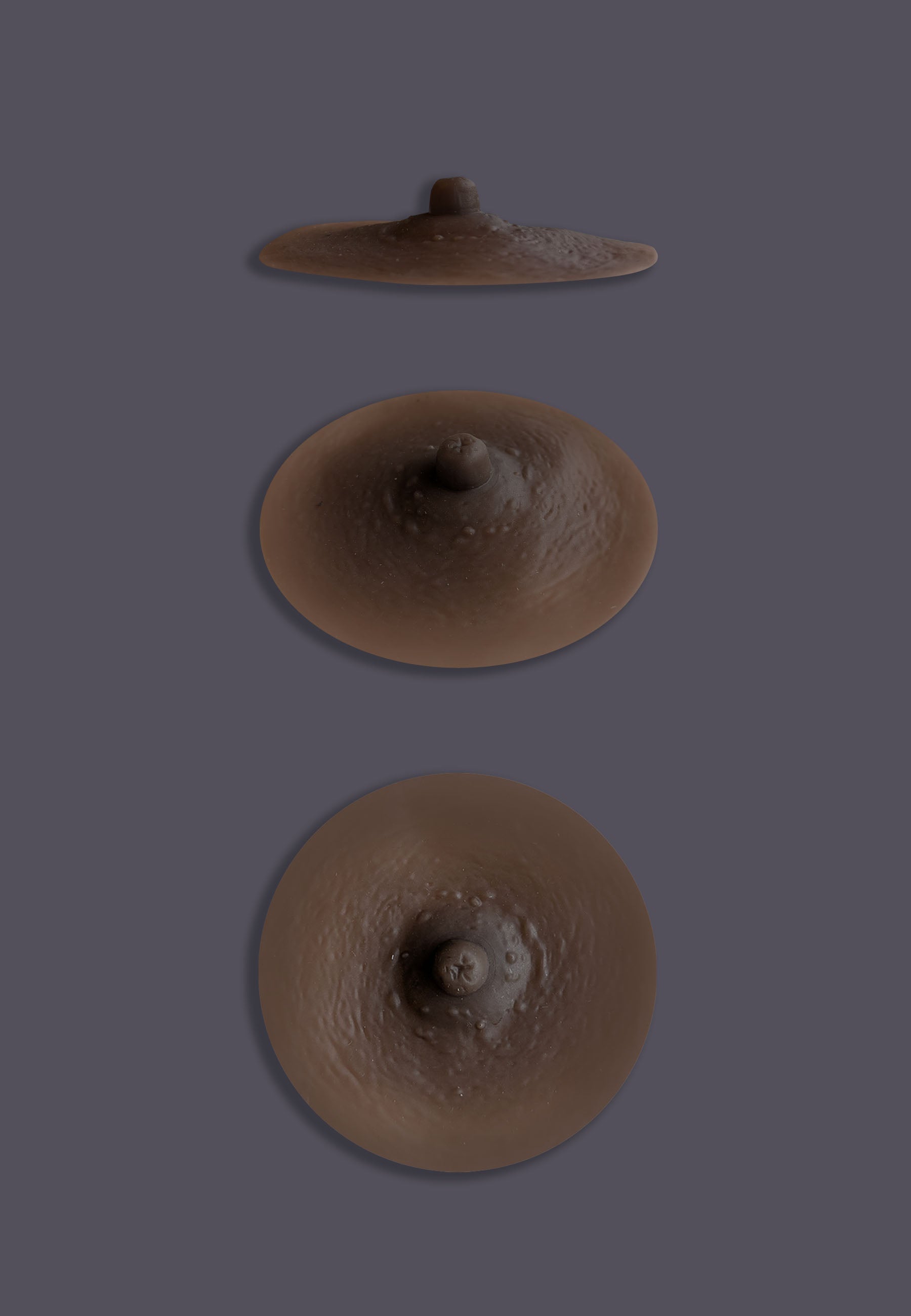 Realistic silicone nipples for a more femme silhouette, from all angles in the colour chocolate