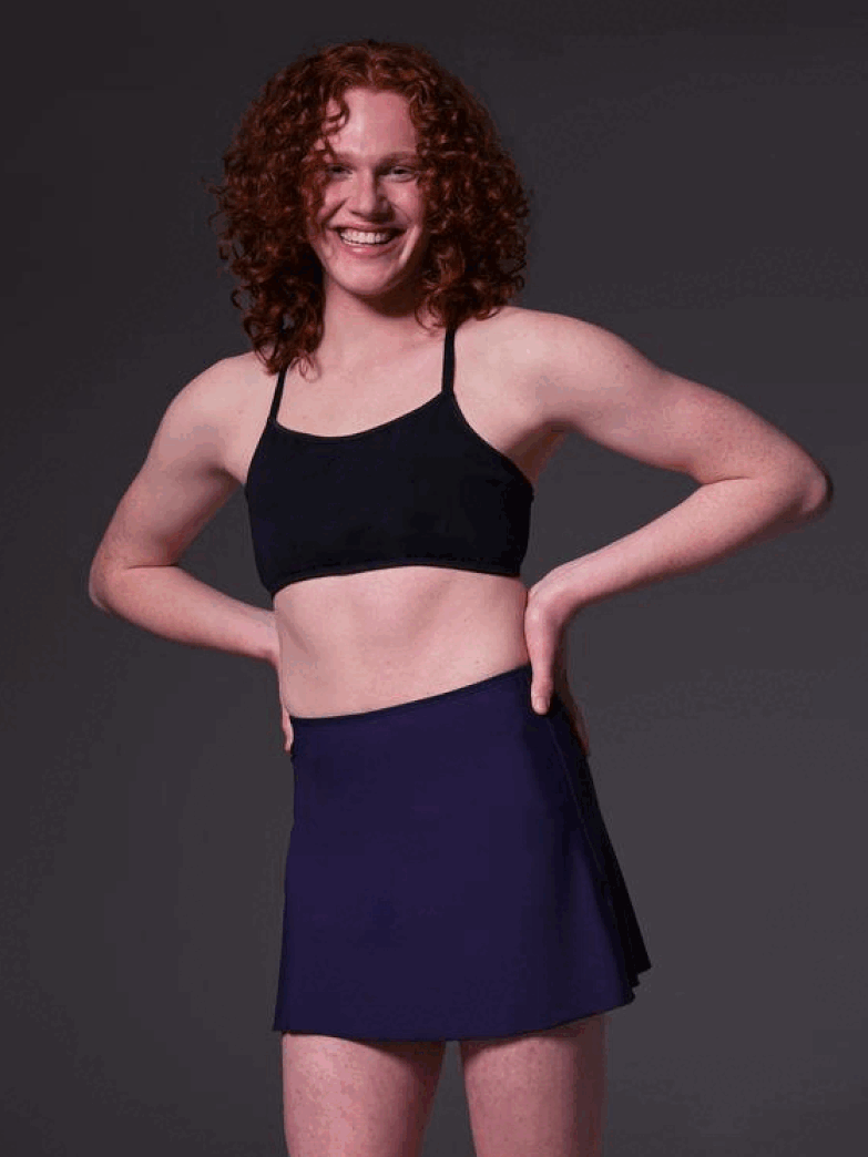 The Swim skirt is worn by Sweder and can be seen from the front, side, and back