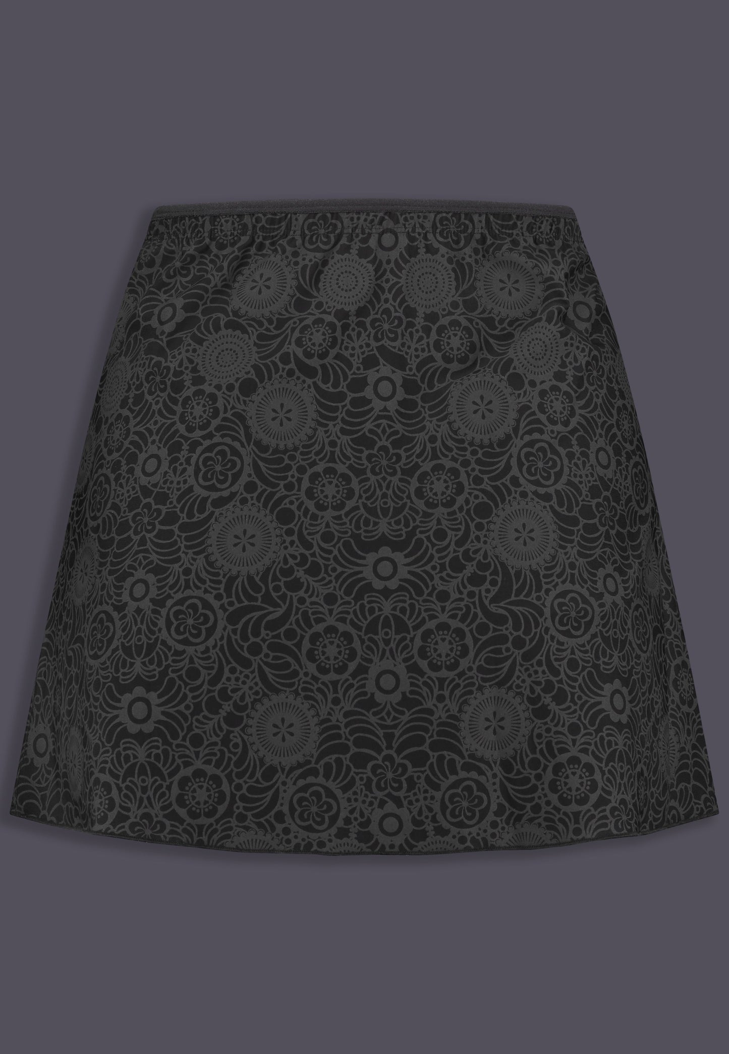 Swim Skirt with abstract black and grey floral print, back view by UNTAG