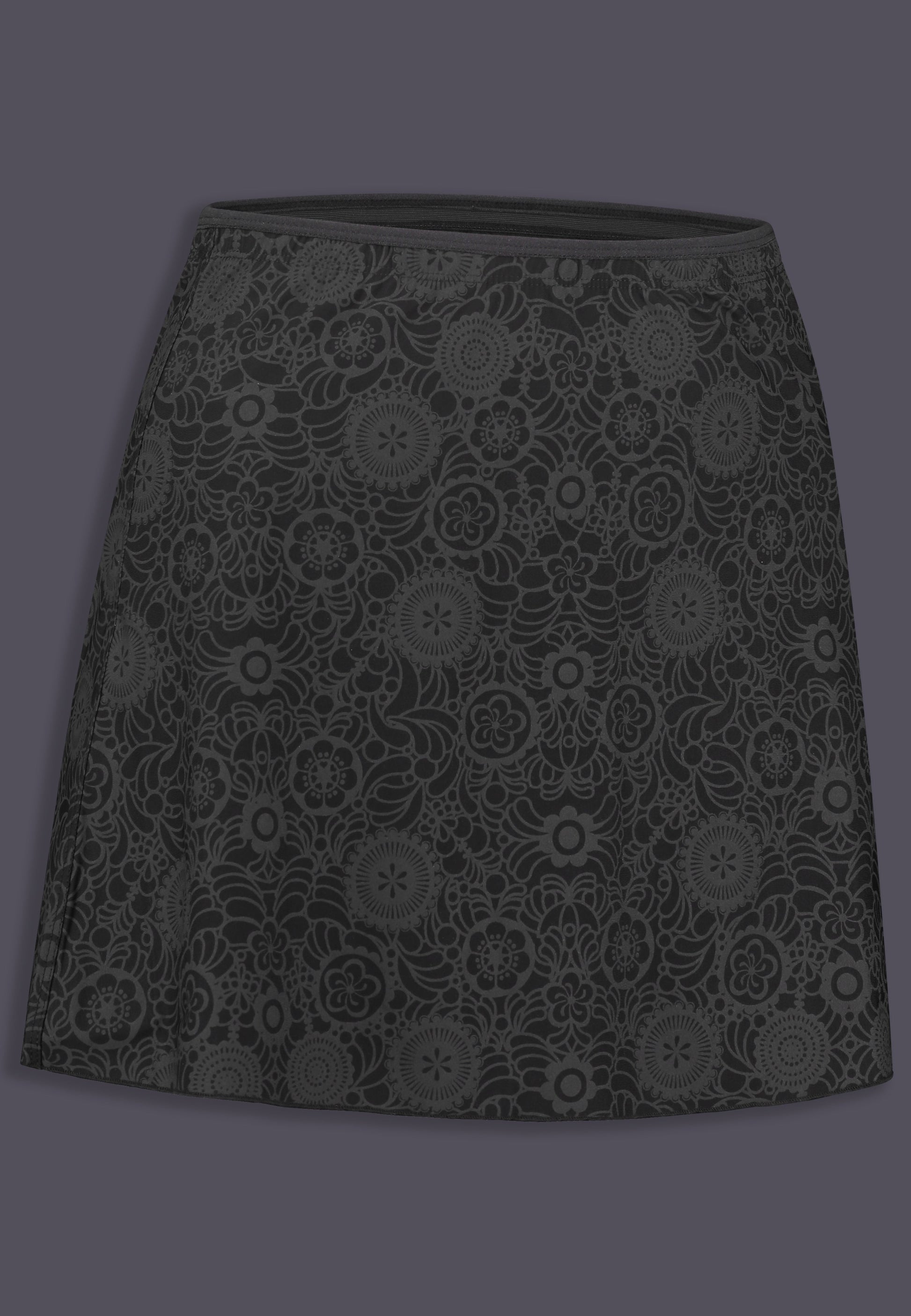 Swim Skirt with black and grey floral print, side right